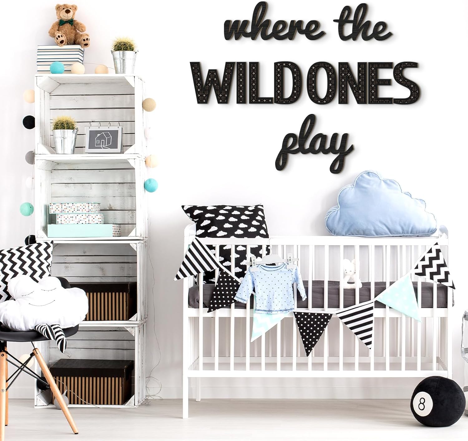 Beeveer Where the Wild Ones Play Nursery Sign Wooden Playroom Wall Decor Playroom Decoration Word Play Room Sign for Wall Plaques 11 Pcs(23 Inch,Black)