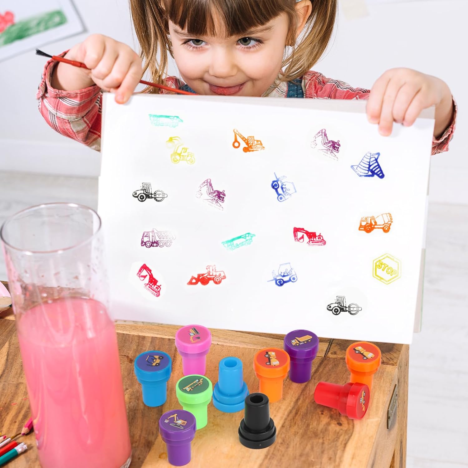 Hxezoc 24 Pieces Construction Truck Print Stamp, Mini Colorful Self Inking Stamps Party Favors Assorted Stamp Set for Classroom Party Educational Learning Activities Supplies