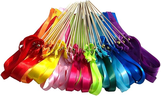 Kingsnow 50 Pack Ribbon Wands Wedding Streamers with Bells, Silk Fairy Stick Wish Wands Party Favors for Wedding Send Off Party Activities Table Holiday Celebration