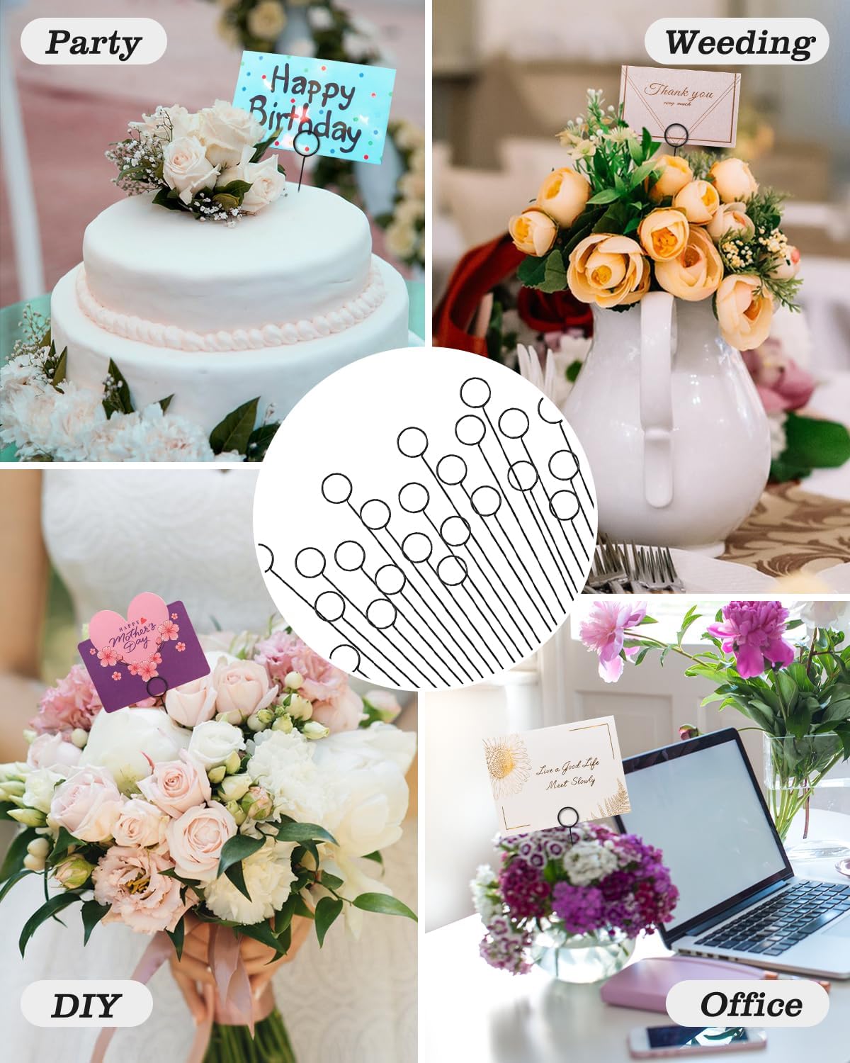 Avsty 30Pcs Floral Card Holder Picks-Wire Place Card Holder for Wedding-Metal Photo Picture Clip Holder-Table Name Number Holder,Memo Note Holder for Flower Arrangement,Wedding,Party(Black, Round)