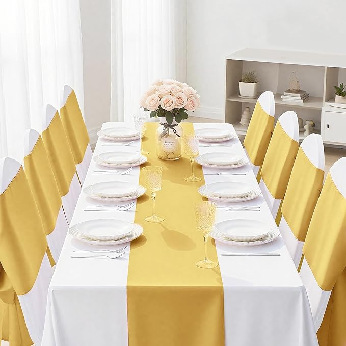 SHEJIZE 10 Pack Light Gold Satin Table Runner 12x108 Inches Long, Bright Silky Smooth Satin Table Runner Table Decor for Wedding Banquet Christmas Prom Event Birthday Party