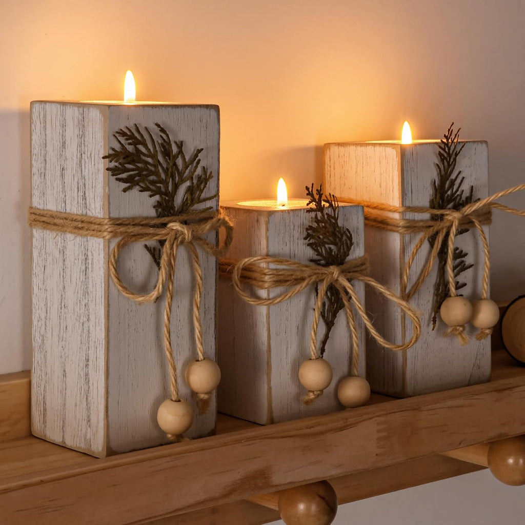 MelonBoat Rustic Flameless LED Candles 3-Pack, Battery Operated Candles with Wooden Candle Holders, White Rustic Farmhouse Decor, Farmhouse Candle Holder for Valentines Holiday Party Home Decor