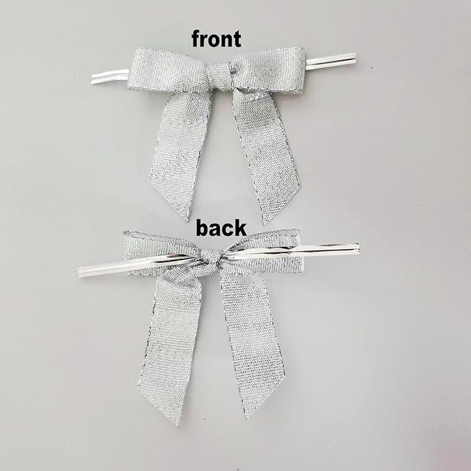 50pcs 2-1/2" Metallic Satin Silver Bows for Crafts Pretaied Christmas Bows with Twist Ties Hot Cut Tails for Christmas Decoration (Silver)