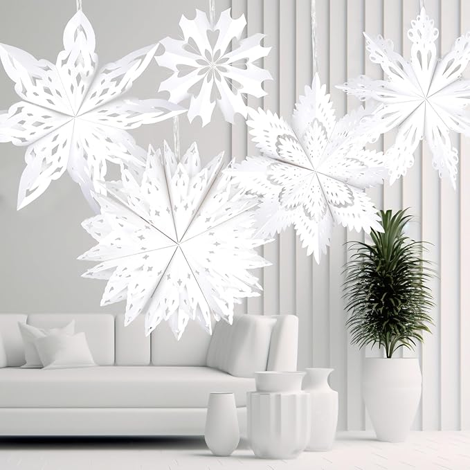5 Pack Christmas Paper Snowflake Lanterns, Christmas Paper Star Lantern with LED Light White Hanging Lamp Ornaments for Xmas Tree New Year Winter Frozen Weddings Birthday Holiday Party Decorations