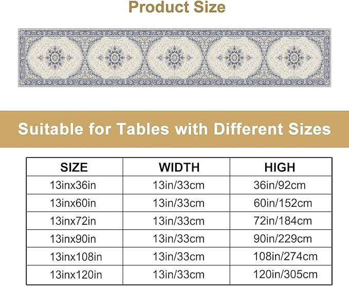 Boho Bohemia Style Table Runner, Vintage Blue Gold Retro Flower Rustic Country Style Floral Print Pattern for Home Kitchen Table Decor Dining Coffee Room Garden Party Decor 13x108in