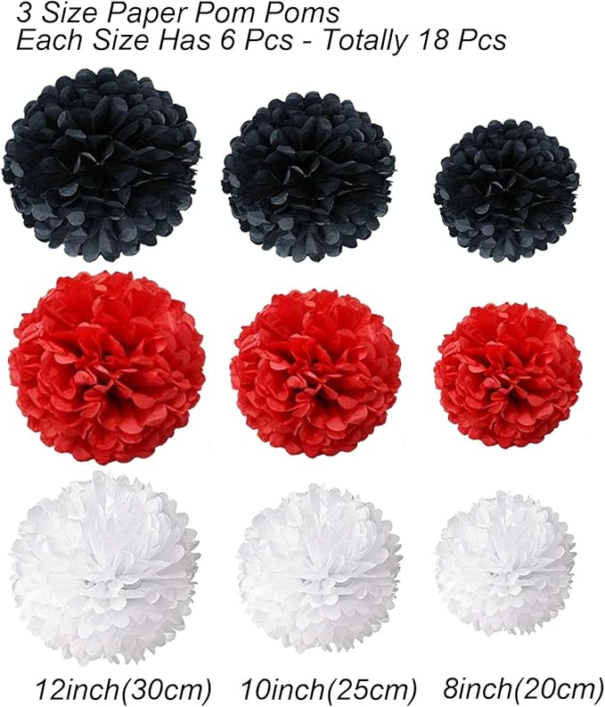 Hanging Paper Fan Set, Tissue Paper Pom Poms Flower Fan and Honeycomb Balls for Birthday Baby Shower Wedding Festival Decorations - Red Black and White