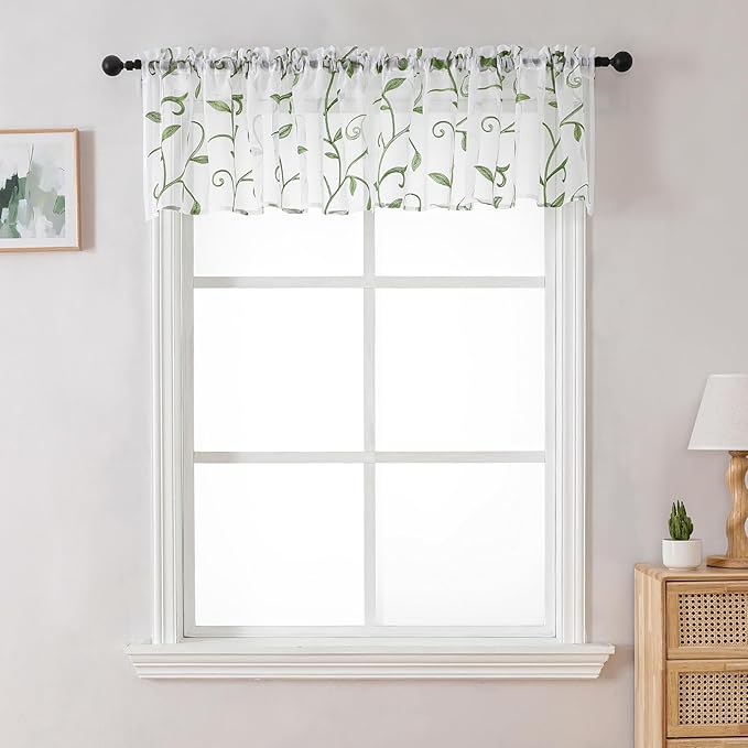 VISIONTEX Sheer Voile Curtain Valances, Decorative Leaves Embroidered, Rod Pocket Window Treatment for Kitchen/Rustic Bedroom/Living Room (54 x 16 Inch,1 Panel)