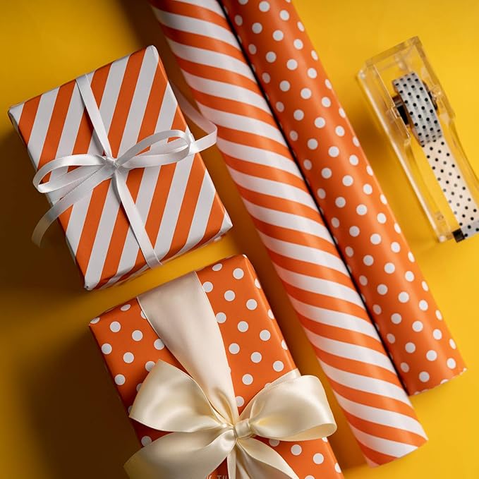 WRAPAHOLIC Reversible Wrapping Paper - Mini Roll - 17 Inch x 33 Feet - Orange and Stripes Design for Birthday, Wedding, Baby Shower, Holiday