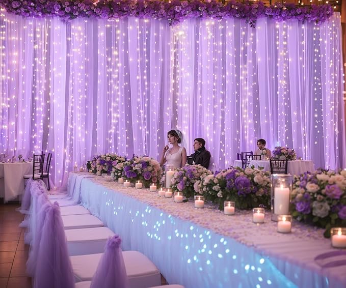 Lavender Tulle Photo Backdrop Curtain with Lights String for Parties Wedding Bridal Shower Sheer Lavender Curtain Backdrop for Birthday Party Baby Shower Photo Booth Photography 20ft x 10ft