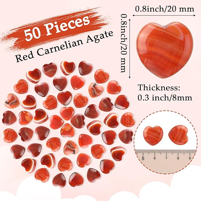 Gerrii 50 Pcs Heart Healing Stone Bulk Quartz Heart Inspirational Stones Gift for Women Love Pocket Polished Natural Energy Balancing Meditation 0.8 Inch(Red Carnelian Agate)