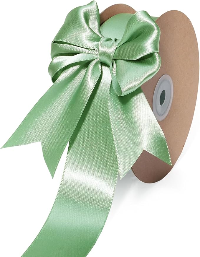 LaRibbons Sage Green Satin Ribbon 1 1/2 Inch 50 Yards Luxury Double Faced Green Silk Ribbon for Flower Bouquet Crafts Gift Wrapping Wedding Decoration