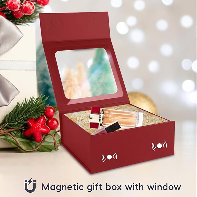 TIACABO Red Gift Box with Window,7.5"x7.5"x3.1" Bridesmaid Boxe for Gifts Giving,Birthday Gift Boxes with Magnetic,Closure Lid Gifts Boxes for Presents,Cute Box,Luxury for Gift Packaging