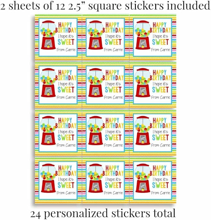 Custom & Personalized Sweet Gumball Happy Birthday Gift Tag Sticker Labels, 24 2.5" Square Stickers by Amanda Creation