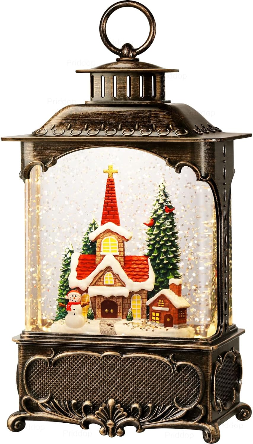 Priddop Church Snow Globe Christmas Decorations Gifts Snowman Cabin Cardinal Tree USB/Battery Timer Music Glitter Snowfall Lantern 10.2 inch