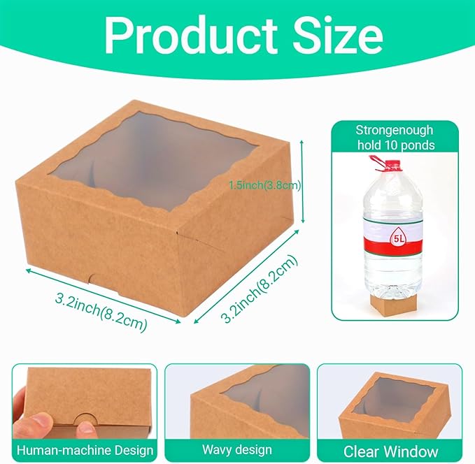 RomanticBaking 3 ¼" x 3 ¼" x 1 ½" 50PCS Chocolate Truffle Boxes for 4,Mini Bakery Boxes with Window for Brownie,Cookies, Soap, Donut,Macaron