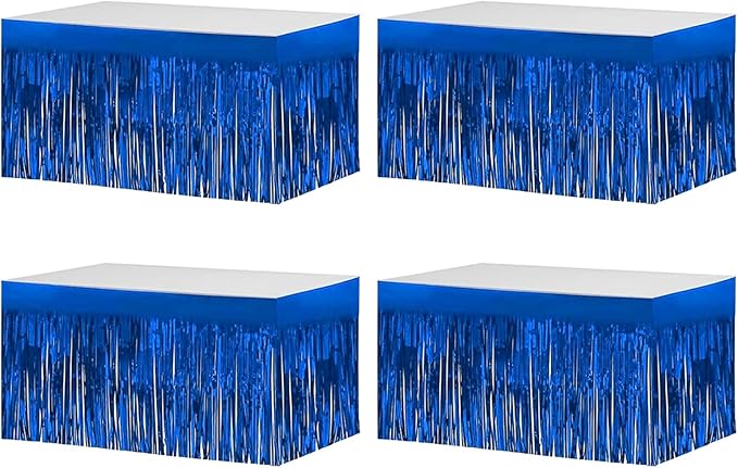 4 Pack Metallic Foil Fringe Tinsel Table Skirts,29x108 Inch Party Disposable Table Skirt Banner for Hotel Banquet Parade Floats Mardi Gras Holiday Birthday Wedding New Year Party Decoration(Blue)
