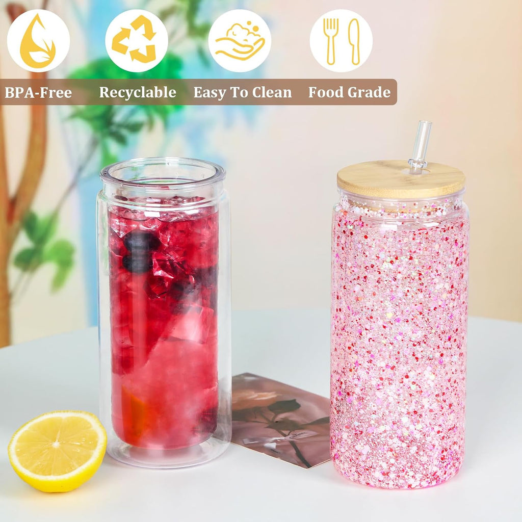 20 Oz Acrylic Snow Globe Tumbler, 16 Pack Pre-Drilled Double Wall Plastic Snowglobe Cup for Glitter Snow Globe Diy, with Bamboo Lid