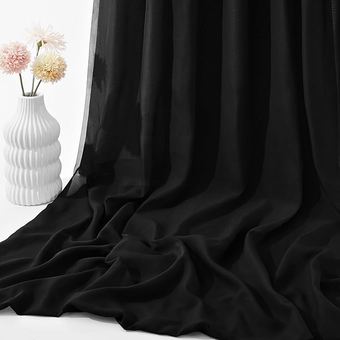 VACVELT Wedding Arch Draping Fabric - Black Chiffon, 2 Panels Sheer Drapes, 30 Inch x 20ft Backdrop Curtain, Outdoor Sheer Drapery for Ceremony Party Ceiling