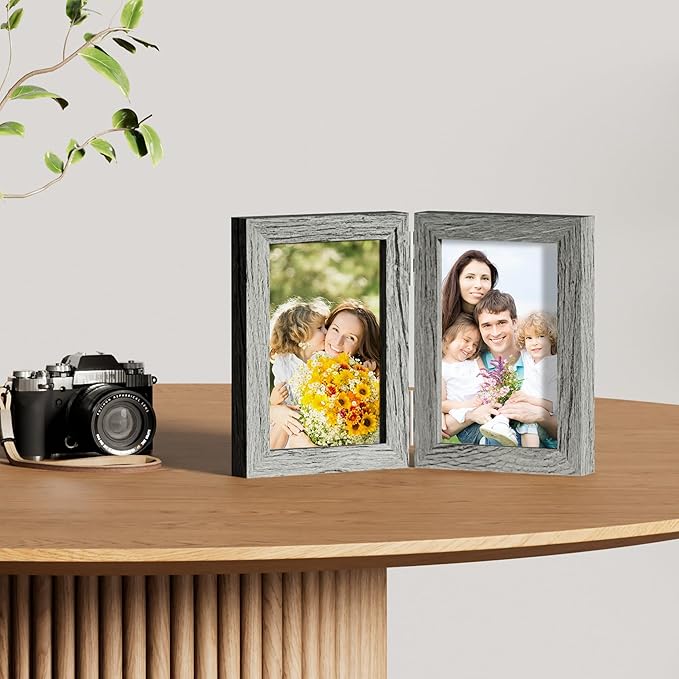 decorUhome Double 4x6 Picture Frame Vertical, Engineered Wood Bifold Photo Frame with Plexiglass for Tabletop Display, 4x6, Grey