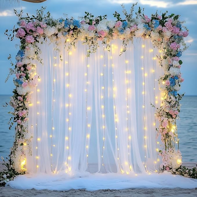 Tulle Backdrop Curtain with Lights String 30 X 10FT White Sheer Tulle Backdrop Curtains for Wedding Birthday Party Reception Photo Booth Background Decorations (6 Panels 5x10FT)