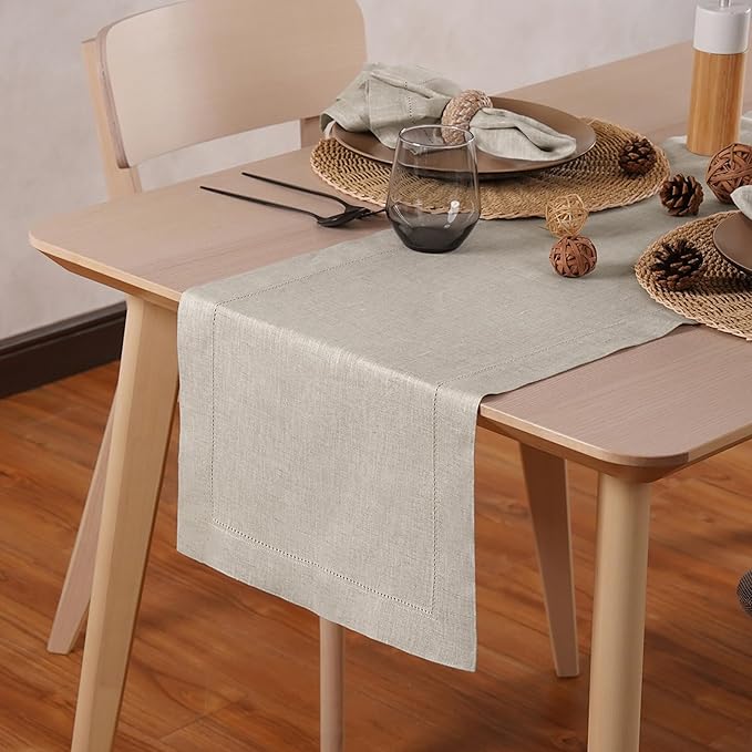 Linen Table Runner 36 Inches - 100% Pure Linen Light Natural Runner for Thanksgiving, Christmas - Lino Hemstitch Cloth Fabric Runner 14 x 36 Inch