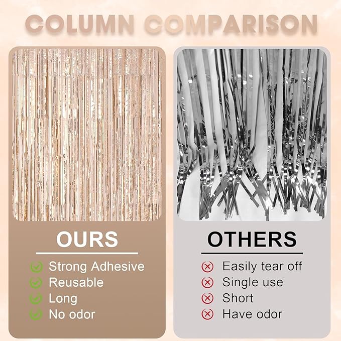 2 Pack Champagne Gold Tinsel Foil Fringe Curtains, Champagne Party Decorations, Metallic Tinsel Party Streamers Backdrop for Birthday Baby Shower Graduation Wedding Party Decorations