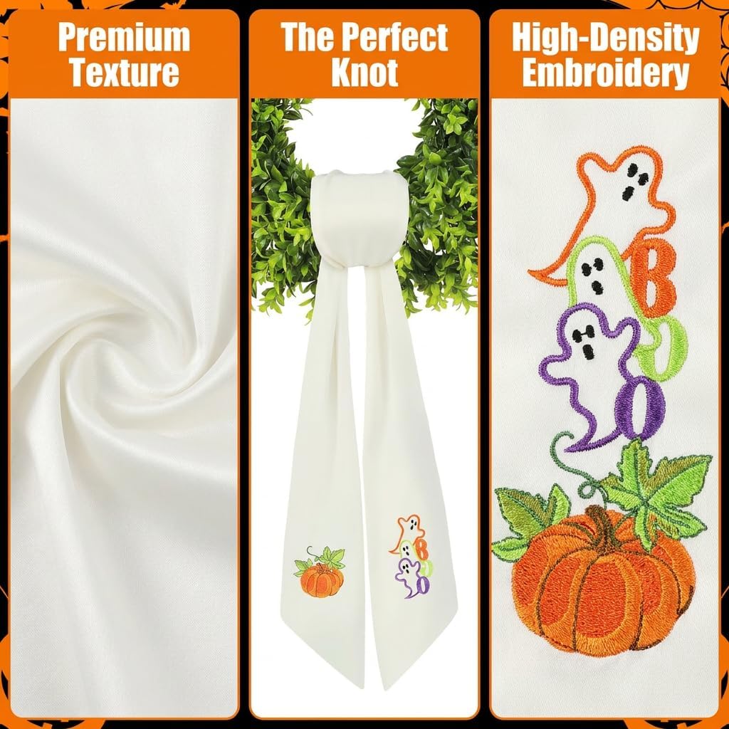 Fall & Halloween Wreath Sash for Front Door (59" Long) - Embroidered Ghost & Pumpkin Design for Boxwood Wreaths - 2-in-1 Autumn Ribbon Decor, Heavy Drape & Washable (1 Set)