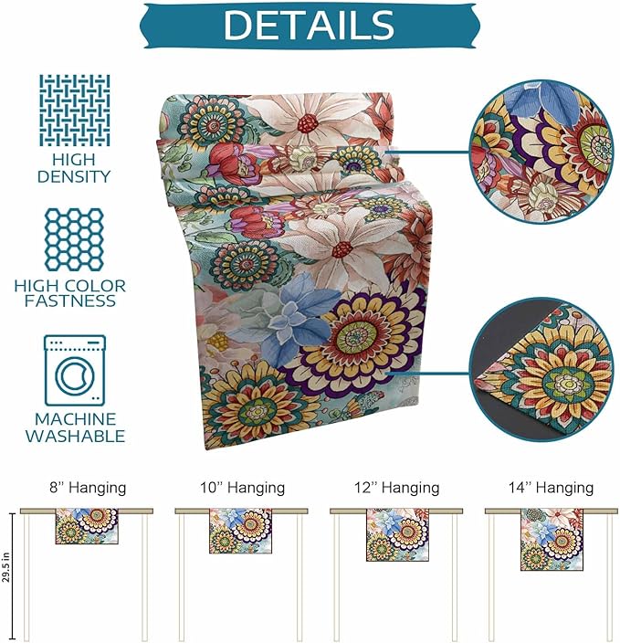 Boho Flowers Cotton Linen Table Runner for Dining Kitchen, Wedding Outdoor Party Tablerunners Decoration, Colorful Floral Farm Vintage Botanical Dresser Scarf Coffee Tablecloth Runners 13x108 Inches