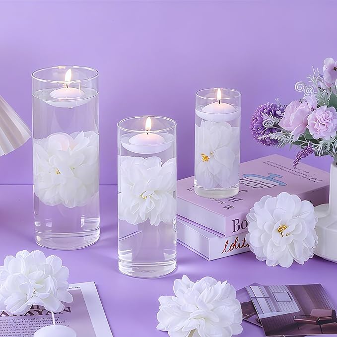 24 Pcs Floating Candles for Centerpieces and Floating Flowers Vase Fillers for Centerpieces White Artificial Flowers for Wedding Table Party Home Decoration
