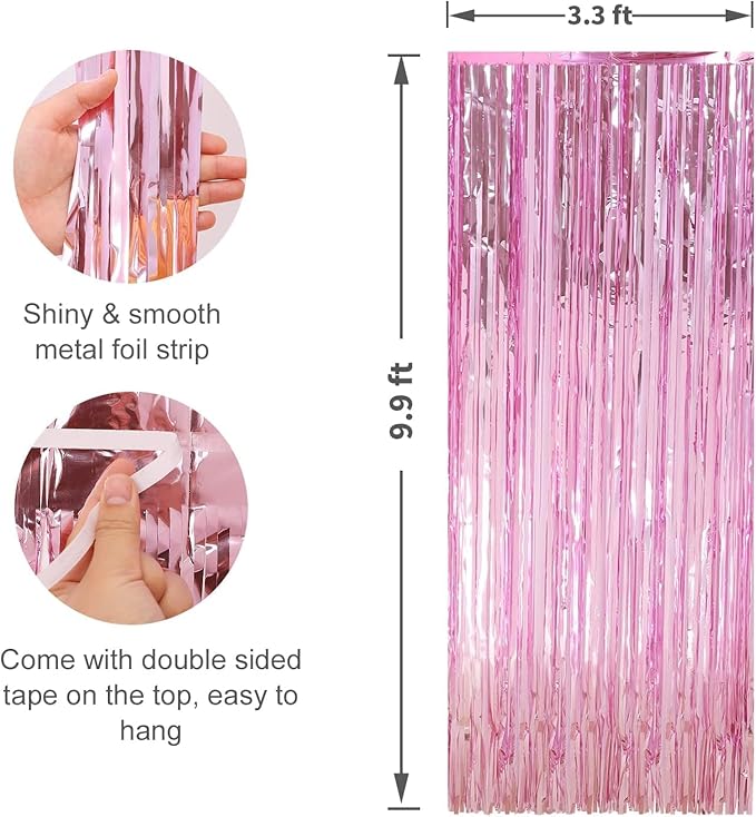 Crosize 8 Pack 3.3 x 9.9 ft Pink Foil Fringe Curtains Party Decorations, Pink Tinsel Curtain Backdrop for Parties, Door Streamers, Glitter Streamer Backdrop for Birthday Decoration