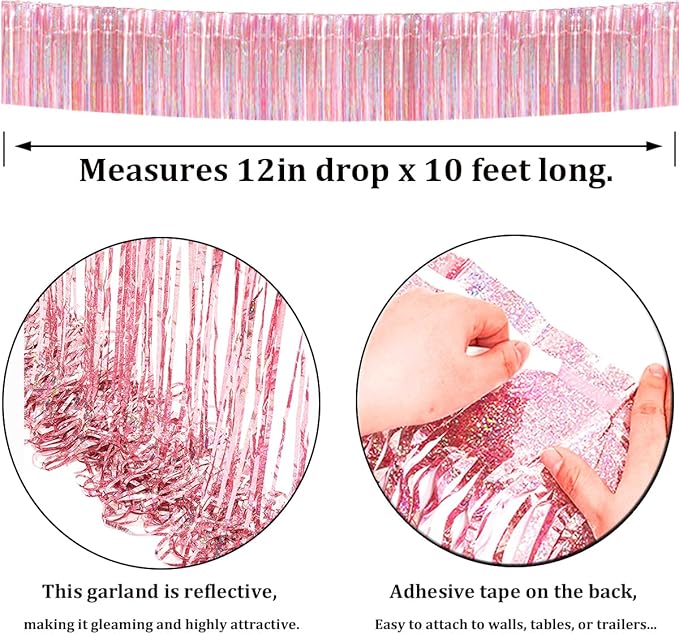 4 Pack Iridescent Pink Total 40 Feet Foil Fringe Garland Metallic Tinsel Banner Wall Hanging Drapes Parade Float Skirting Decorations for Trailer Mardi Gras Party Birthday Wedding