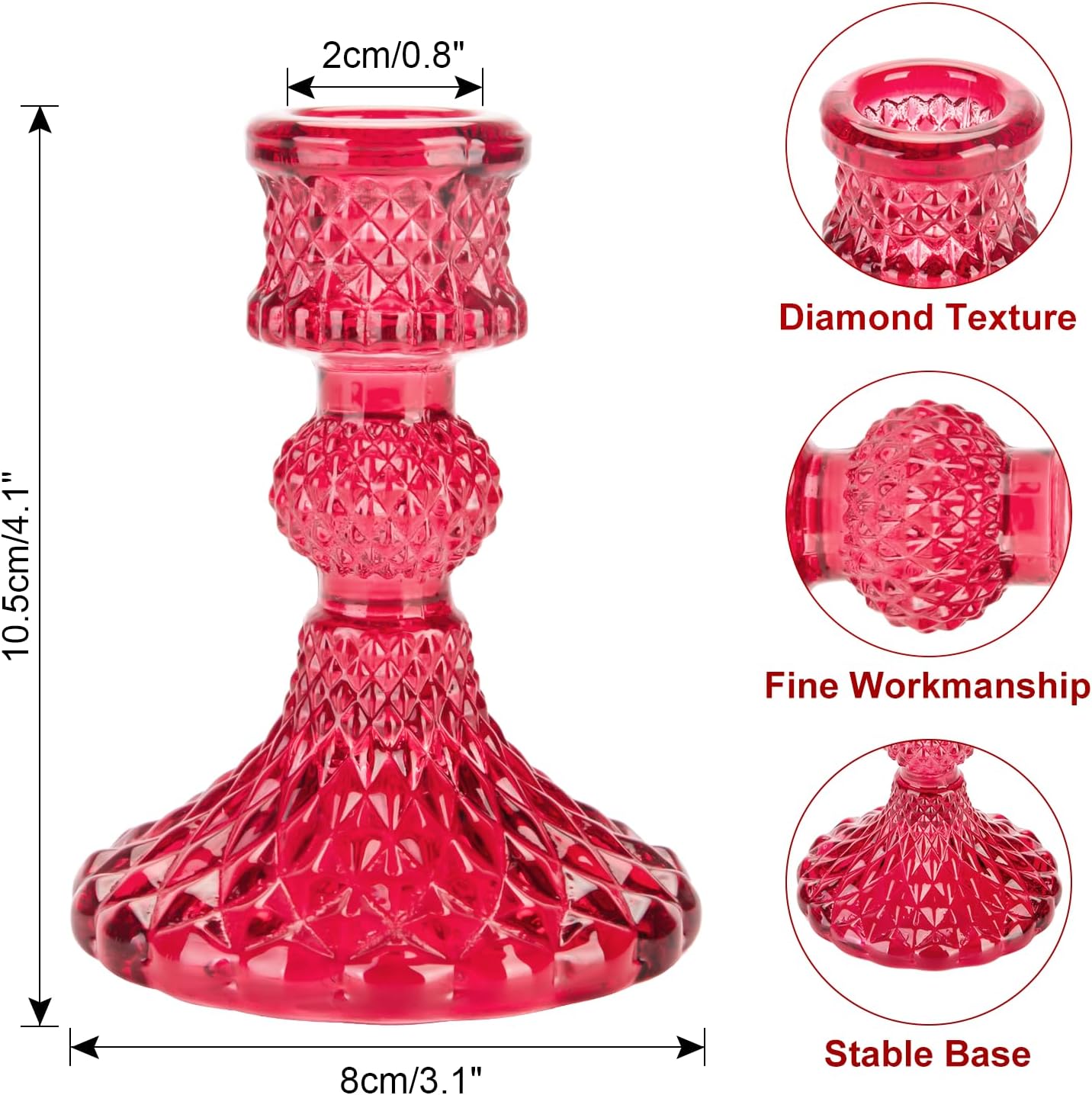 Glass Candle Holder, 2PCS Decorative Candle Sticks Pillar Candle Stand for Formal Events Wedding Party Table Centerpieces Home Decoration, Red