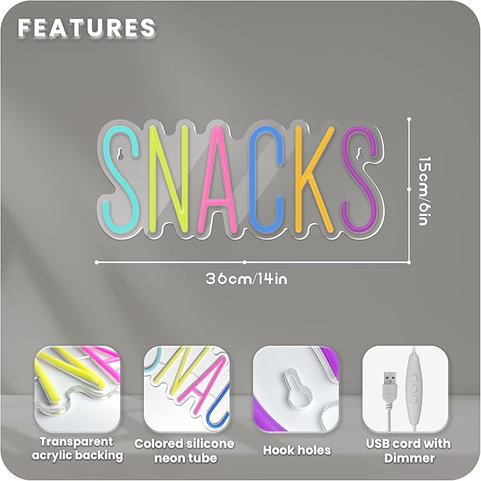 Snacks Neon Sign,Snack Bar Sign for Art Wall Decor,Cake Candy Shop Snack Stall Mancave Coffee Bars,Dimmable USB Powered Colorful Snacks Neon Light Sign