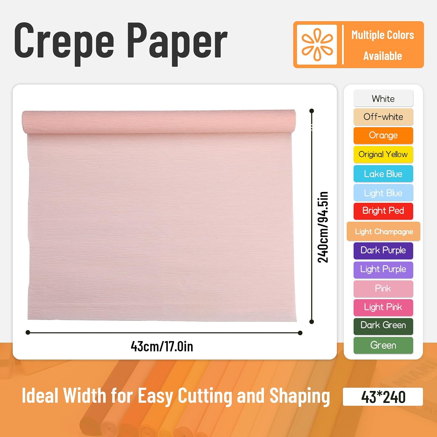 Jmuiiu Light Champagne Crepe Paper, 16.9 Inch Wide 7.9ft Long Crepe Paper for Flower Making, Valentine's Day, Wedding Ceremony, DIY Craft Birthday Halloween Party and Large Festival Decoration