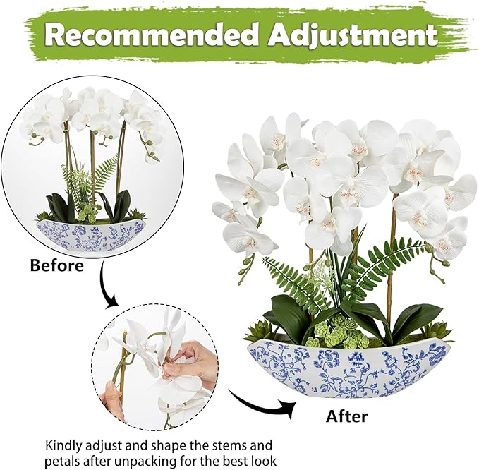 Briful Orchid Artificial Flowers 18in White Fake Orchid Silk Flowers with Blue and White Ceramic Vase Faux Orchid Arrangement for Home Office Room Coffee Table Centerpiece Modern Decor