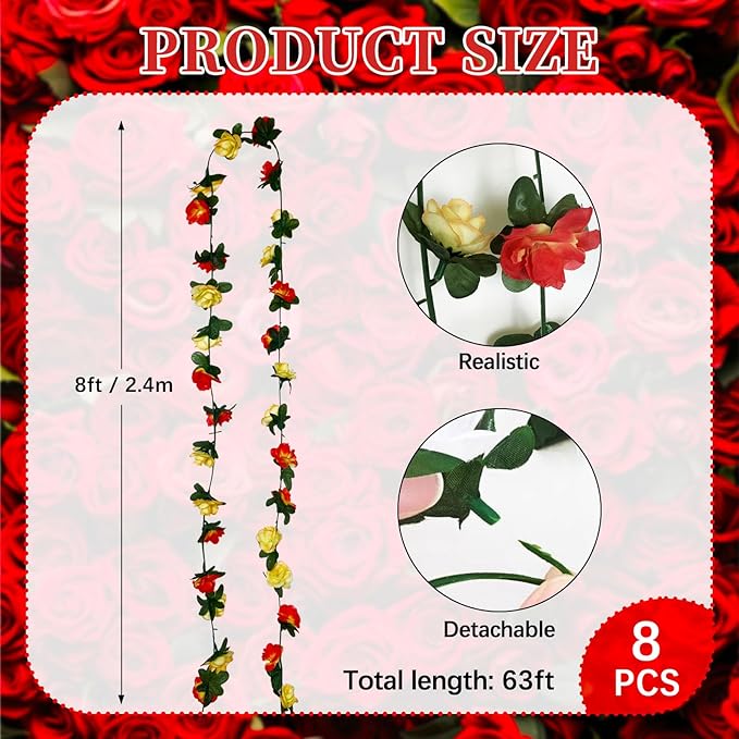 8Pcs 63Ft Pink&Yellow Rose Garland, Fake Rose Hanging Flowers, Artificial Flower Vine, Hanging Floral Vine Garland for Wedding, Birthday Party, Wall Arch, Halloween, Christmas Garden Backdrop Decor