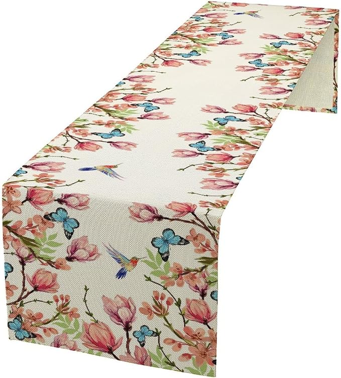 Flowers Table Runner,Floral Bird Butterfly Spring Table Cloth Kitchen Dining Table Home Party Decoration 13x36 Inch