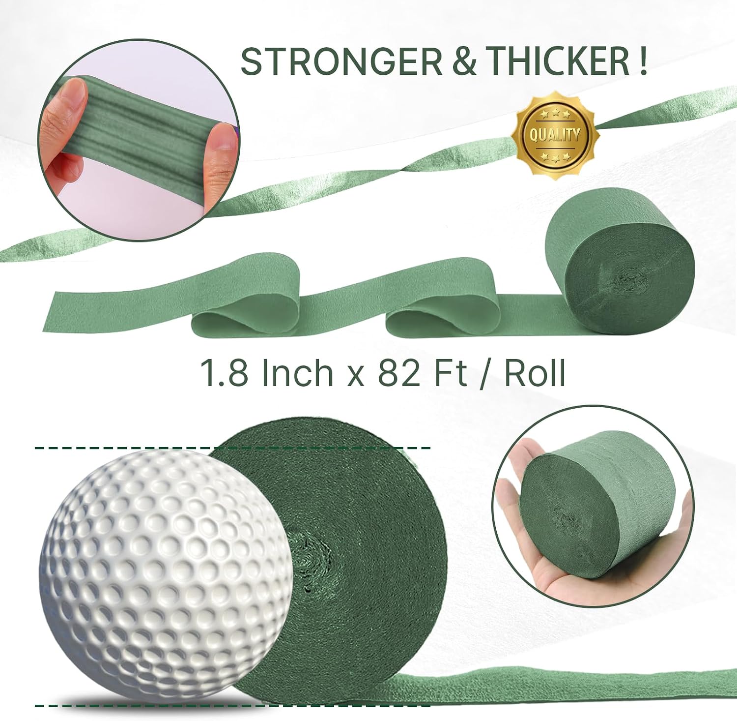 PartyWoo Sage Green Crepe Paper Streamers 6 Rolls 492 ft Pack of Hunter Sage Green Gold Sand White Crepe Paper for Jungle Safari Graduation Birthday Party Decorations (1.8 Inch x 82 Ft/Roll)