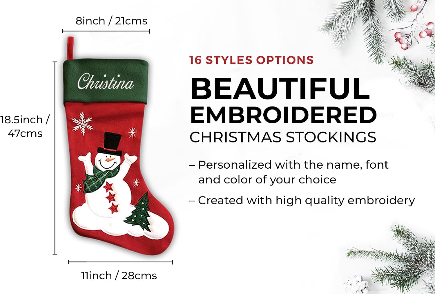 Personalized Christmas Stocking - Snowman Design - Embroidered Name - Large 18.5inch, Traditional Red and Green, Family Holiday Season Decor