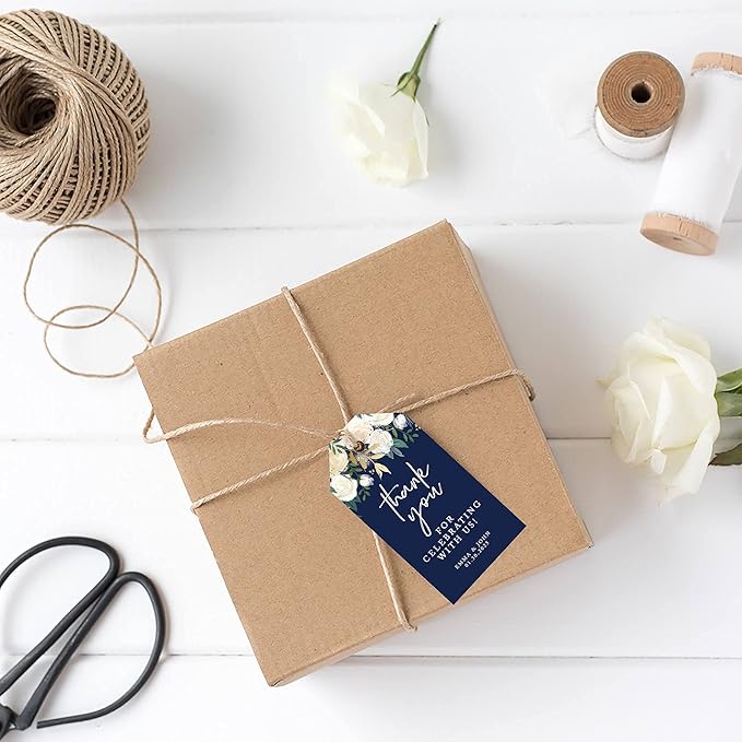 Andaz Press 100-Pack Personalized Thank You for Celebrating with Us Wedding Favor Tags with Bakers Twine Navy Blue with Florals Custom Cardstock Wedding Gift Tags for Party Favors 2 x 3.75-Inches