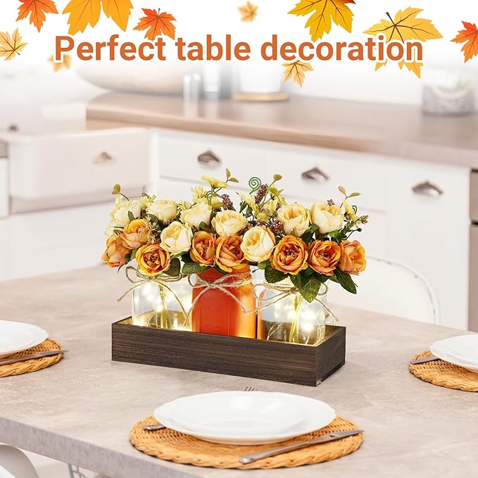 Mason Jar Lights Centerpiece Table Decorations Fall Decor for Home – 3 Jar Flowers with String Lights and Wooden Tray for Dining Room, Farmhouse Autumn Wedding, Kitchen, Living Room, Bathroom