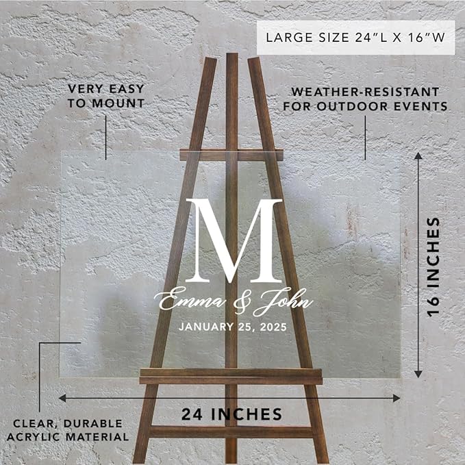 Andaz Press Custom Large Wedding Acrylic Sign, 16 x 24 Inches, Classic Monogram, Personalized Sign, Welcome Sign For Modern Wedding Theme