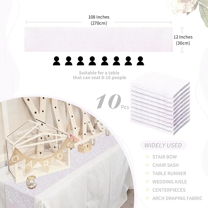 White Iridescent Sequin Table Runners 10 Pieces 12x108 Inches Glitter Table Cover for Wedding Birthday Banquet Party Table Decorations