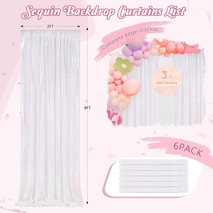 Backdrop Curtains 6 Panels Iridescent Sequin Background 2ftx8ft Glitter Fabric Baby Shower Party Wedding Photo Drapes Backdrop