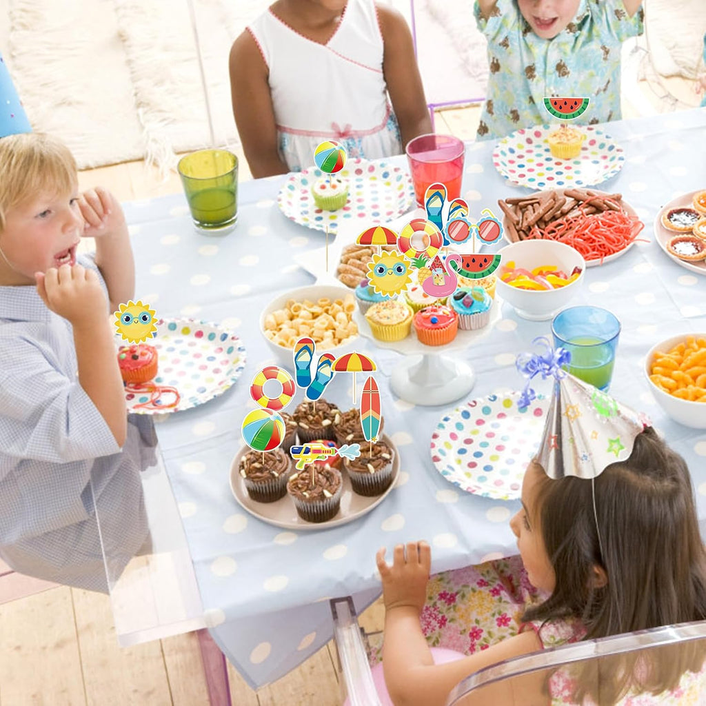 100 Pcs Summer Beach Cupcake Toppers for Kids Tropical Beach Pool Swimming Hawaii Theme Cake Insert Decorations for Summer Birthday Baby Shower Wedding Party Supplies