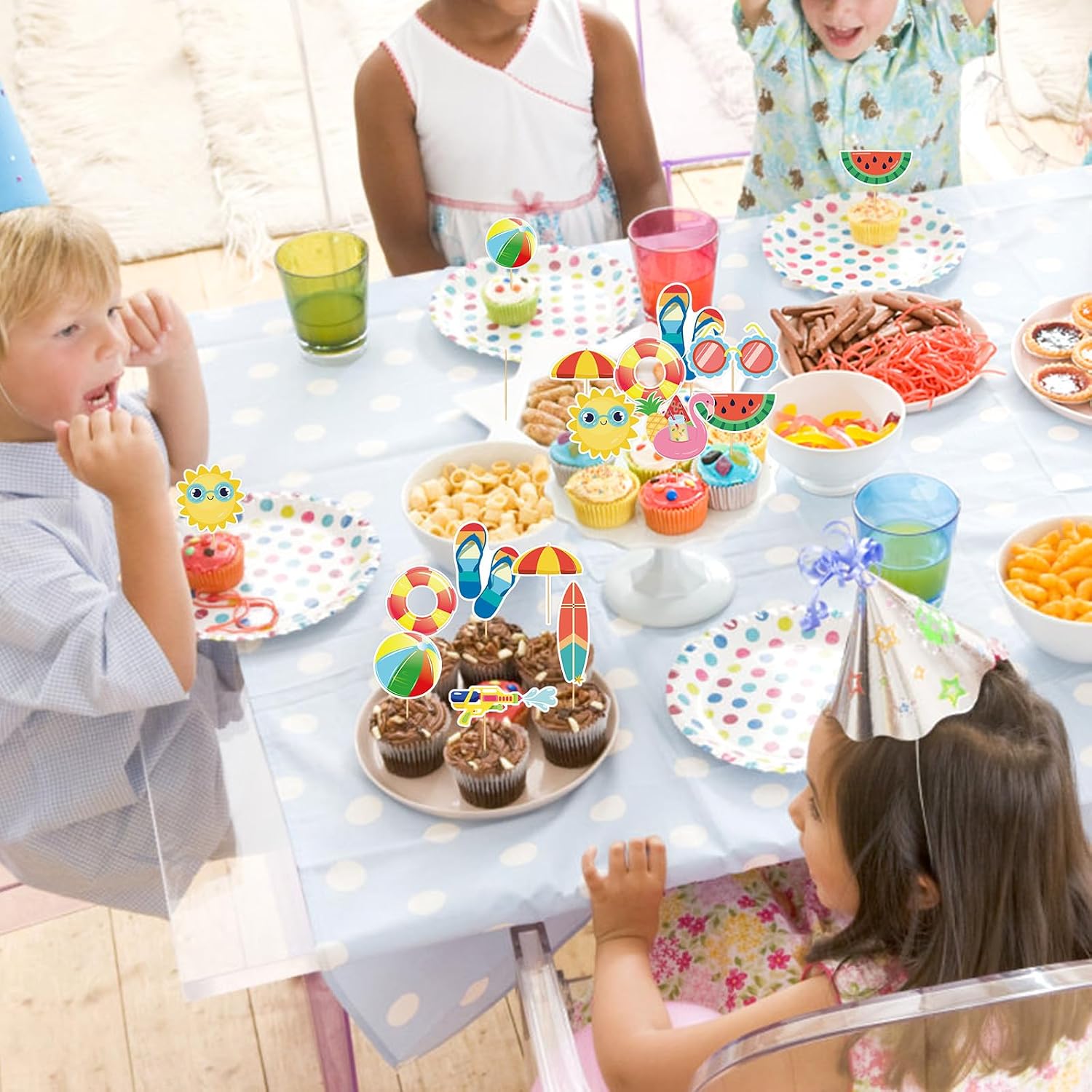 100 Pcs Summer Beach Cupcake Toppers for Kids Tropical Beach Pool Swimming Hawaii Theme Cake Insert Decorations for Summer Birthday Baby Shower Wedding Party Supplies