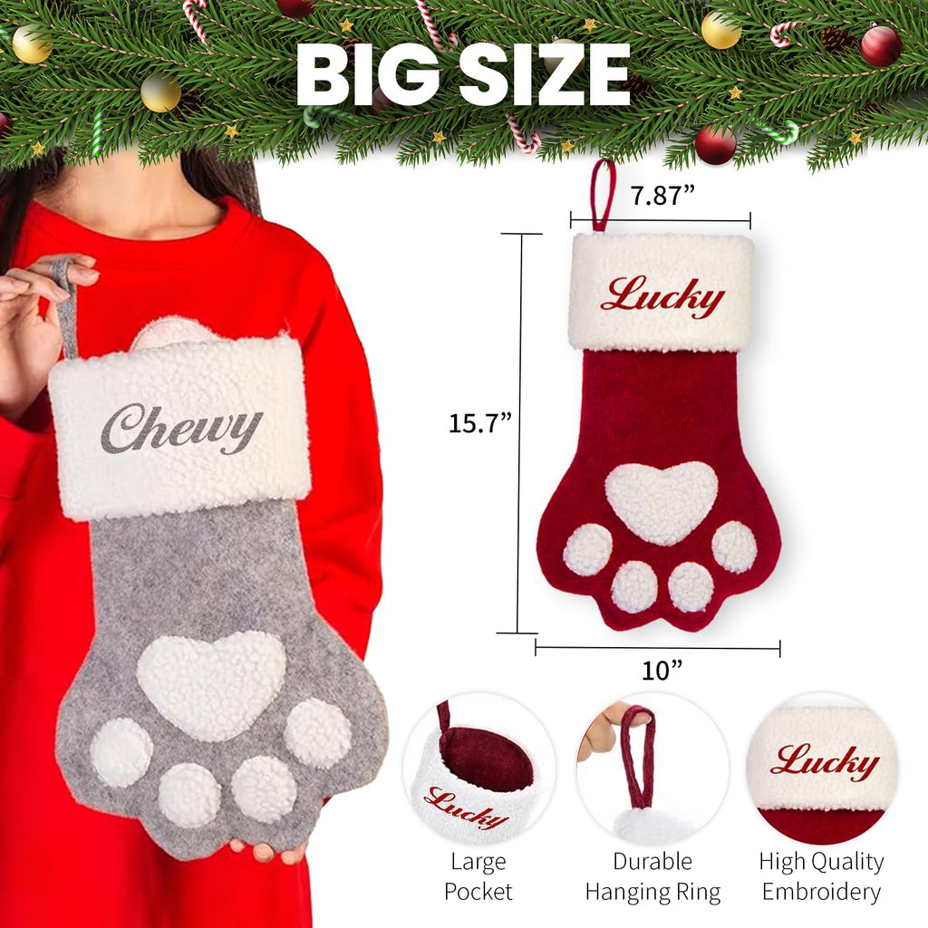 Custom Plush Paw Christmas Stockings with Pet Name, Personalized Dog Cat Paw Stockings Embroidered for Family Decorations 2026 Xmas Gift, 1 Pack