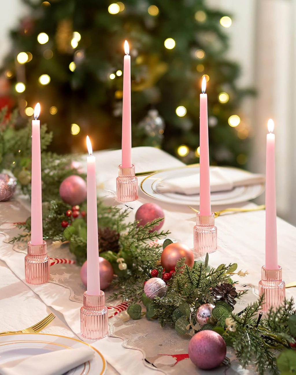 Romadedi Pink Glass Candle Holders - Set of 2 Ribbed Candlestick Holder for Table Centerpiece Elegant Taper Holder for Wedding Birthday Party Baby Showers Valentines Mother's Day Christmas