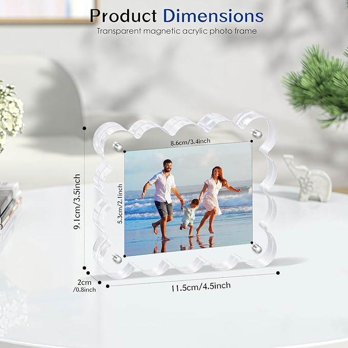 6Pack Magnetic Acrylic Picture Frames 2×3 Inch - Scalloped Glass Frame with 10+10mm Thick Block, Double Sided Clear Frames for Desktop Display | Trendy Home Gift