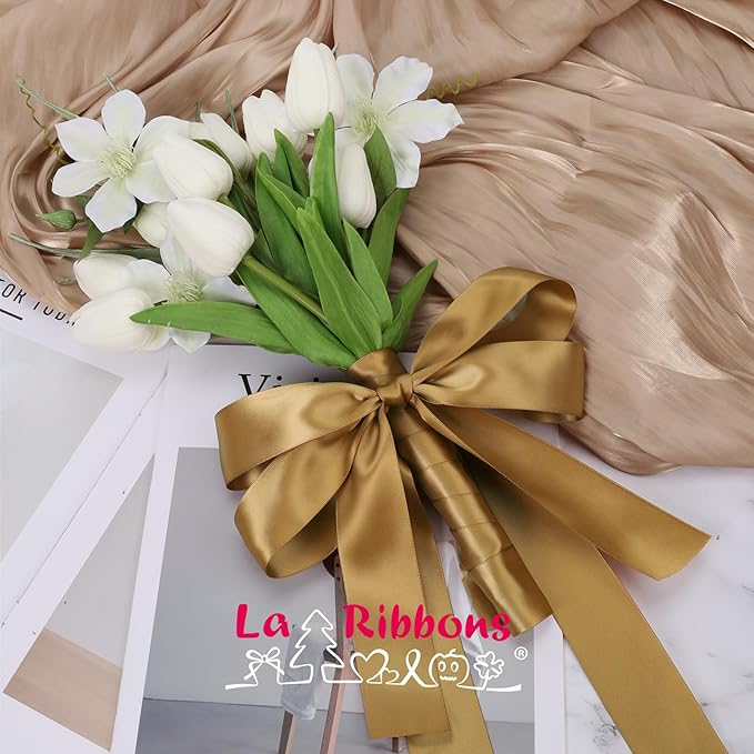 LaRibbons 1 Inch 50 Yard Double Faced Satin Ribbon,Pale Gold Satin Craft Fabric Ribbon for Gift Wrapping Floral Bouquets Wedding Party Decoration